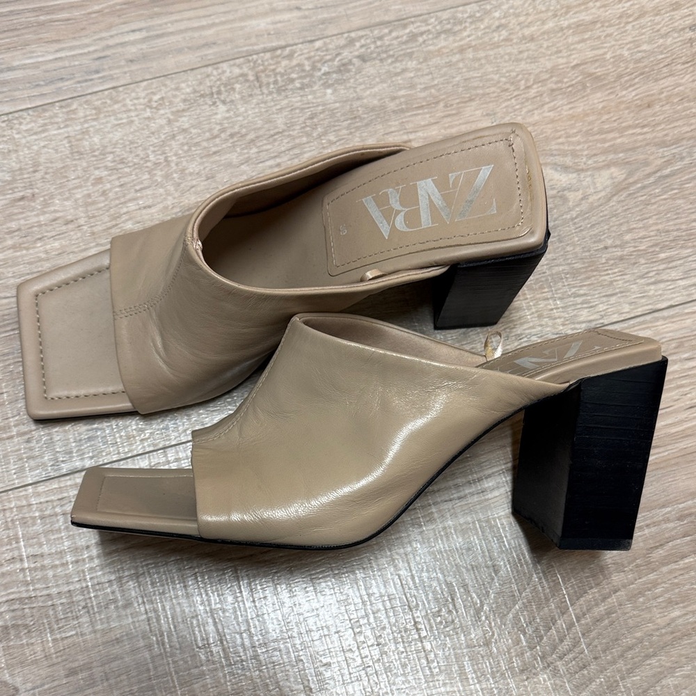 Zara Tan Leather Square Toe Wedged Heels